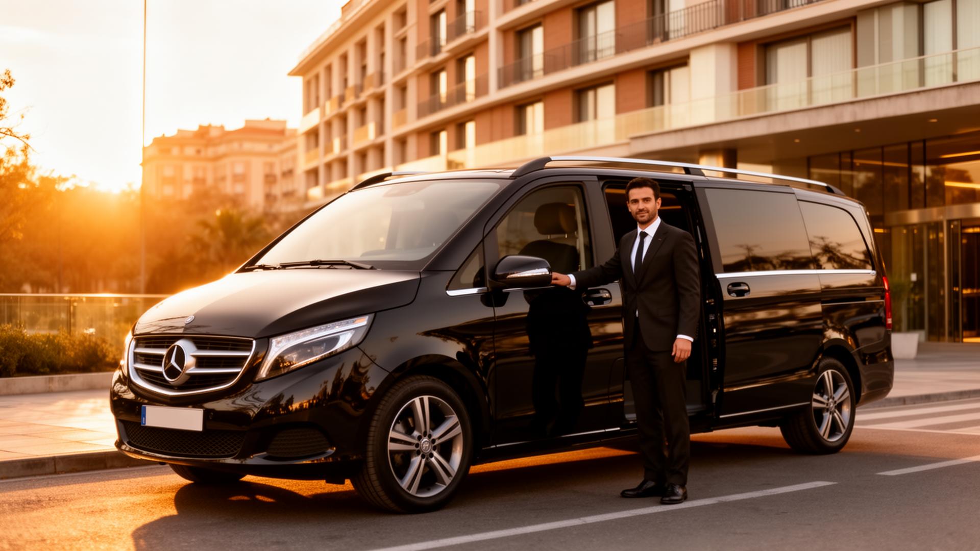 Mercedes V-Class de VB Transport Services frente a hotel premium en Madrid al atardecer